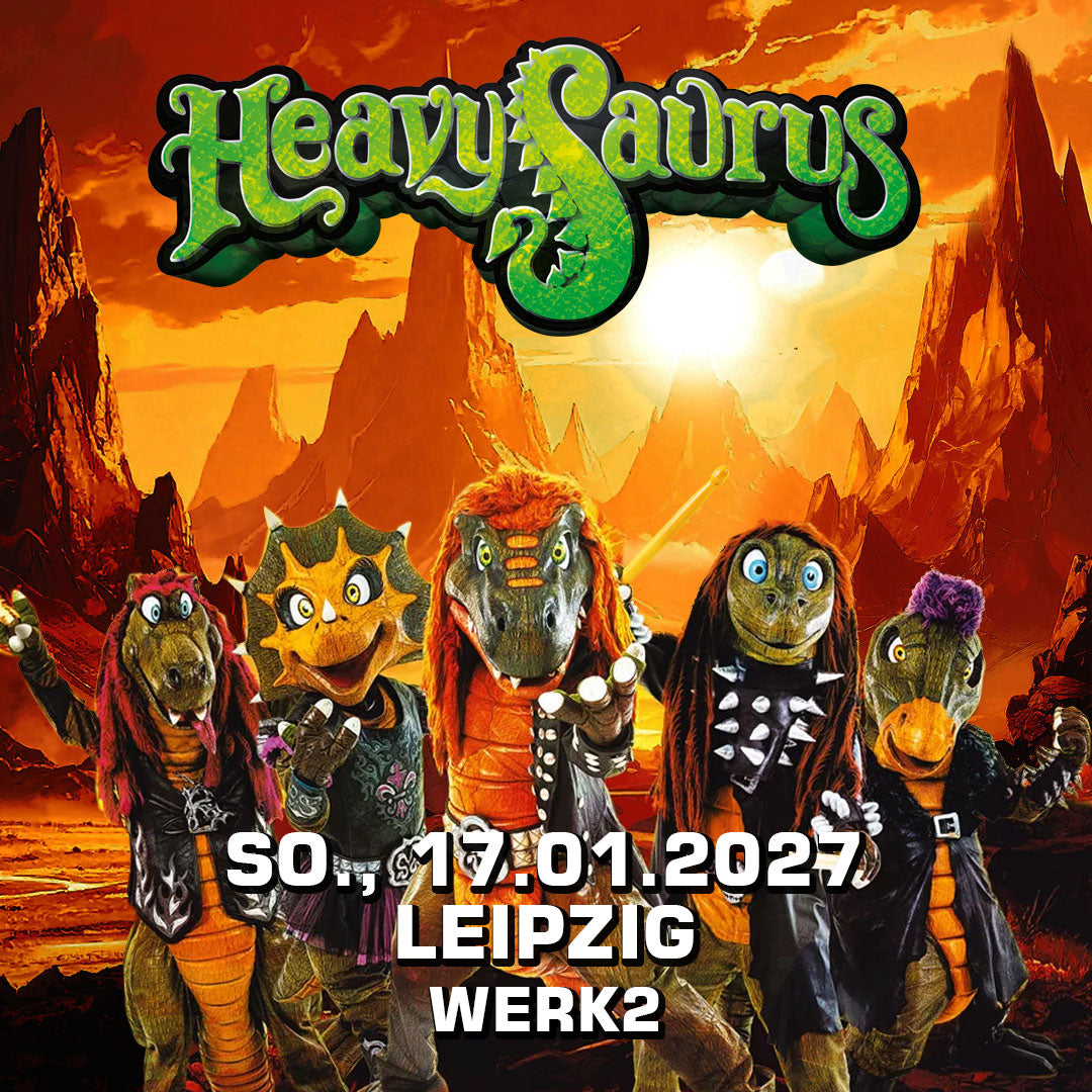 Heavysaurus Konzert in Leipzig, Werk2, um 17:30 Uhr, Veranstaltungsplakat für das Heavysaurus Shop Event.