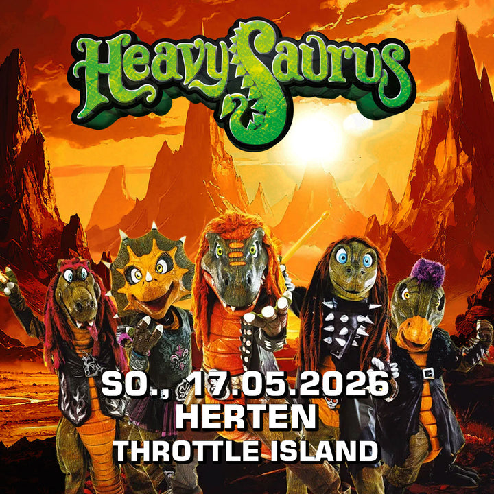 Heavysaurus Konzert in Herten am 17.05.26, Kinderevent auf Throttle Island, freier Eintritt für Kinder bis 11 Jahre.