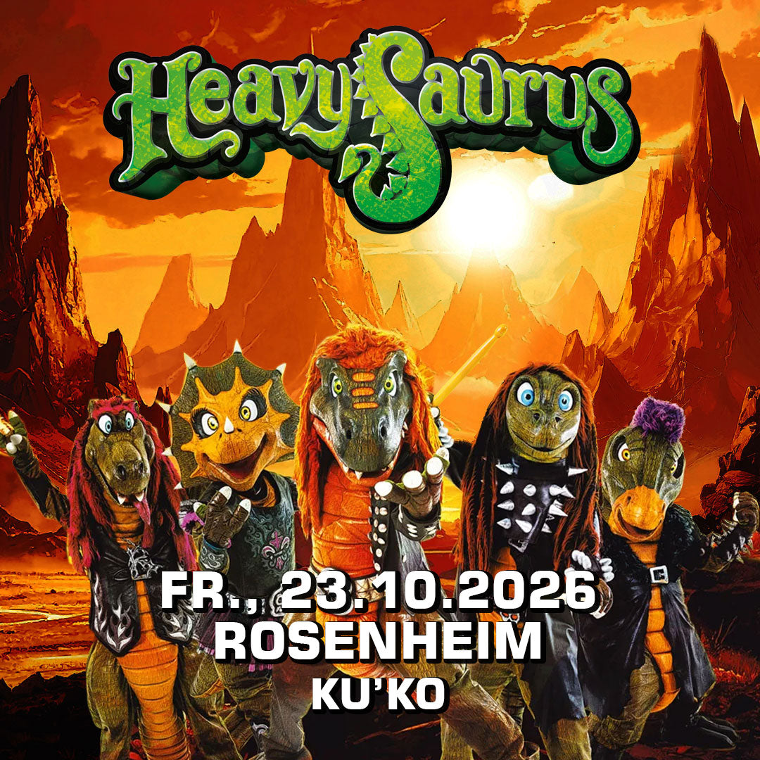 Heavysaurus Konzert in Rosenheim am 26. Oktober 2023, Veranstaltungsbild vom Vivenu Event im KuKo, Heavysaurus Shop.